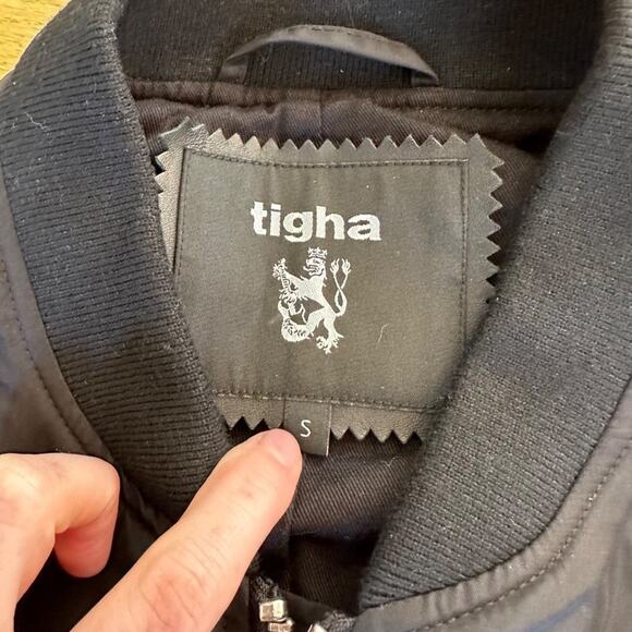 Tigha Zip Front Bomber Jacket in Black & Green - Picture 2 of 5